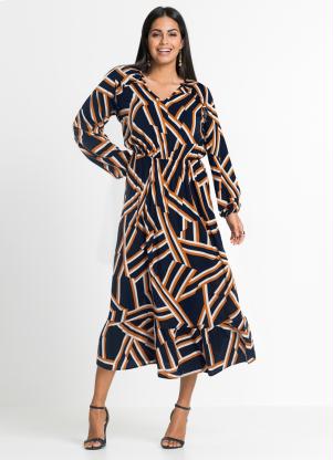 Vestido com Babados Estampado (Geométrico Azul) Vestido com Babados Estampado (Geométrico Azul)