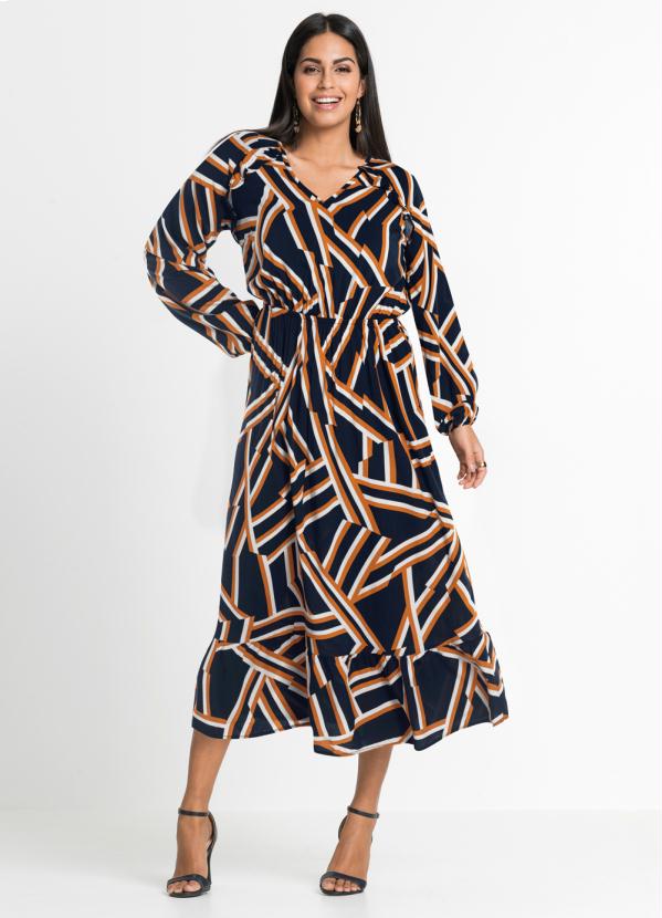 Vestido com Babados Estampado (Geométrico Azul) Vestido com Babados Estampado (Geométrico Azul)