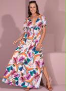 Vestido com Decote Profundo Folhagem Tropical 