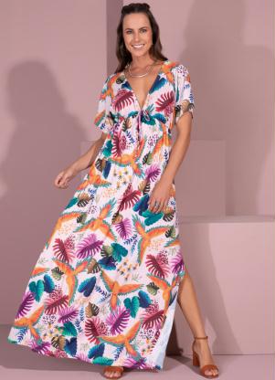 Vestido com Decote Profundo (Folhagem Tropical)