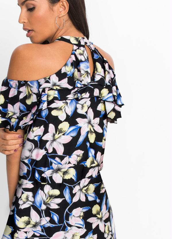 vestido ombro vazado estampado