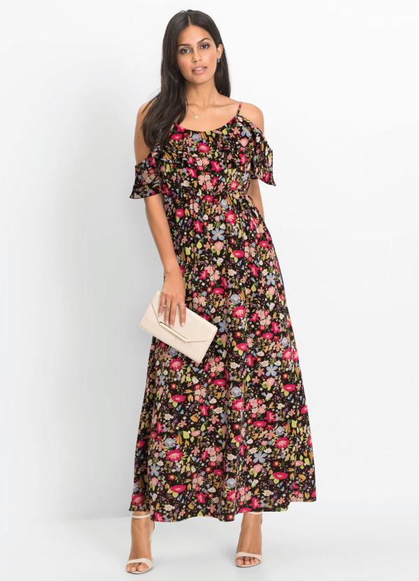 Vestido de Alcinhas Longo Estampado (Floral Preto)