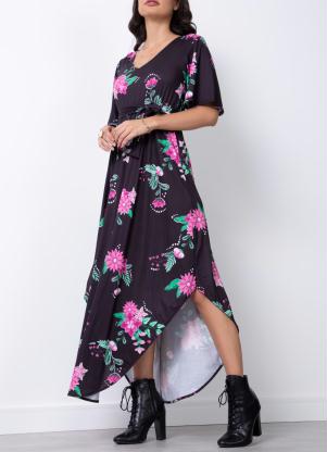 Vestido (Floral Dark) com Faixa para Amarrar