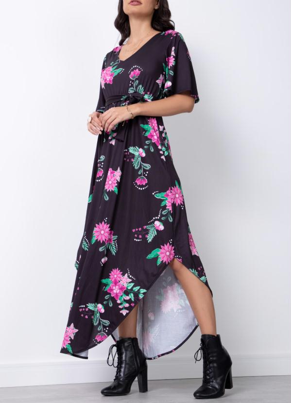 Vestido (Floral Dark) com Faixa para Amarrar