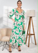Vestido Floral Fundo Verde em Viscose Plana