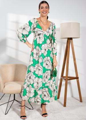 Vestido (Floral Fundo Verde) em Viscose Plana