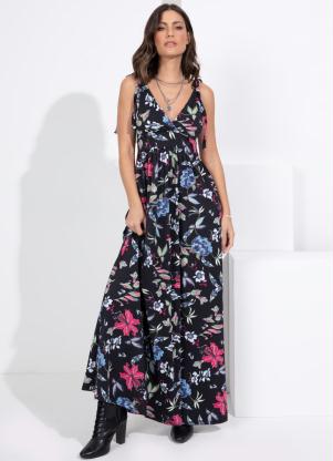 Vestido (Floral Preto) de Al�as com Transpasse