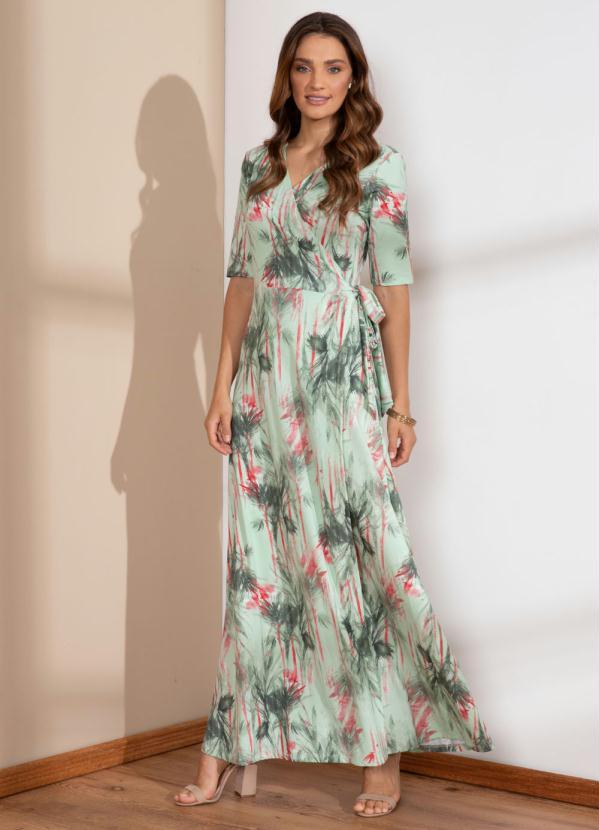 Vestido (Folhagens Verdes) Transpassado com La�o