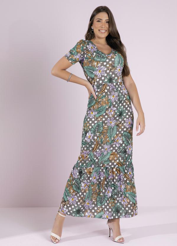 Vestido (Folhas Cinza) com Babado Moda Evang�lica