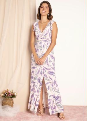 Vestido (Folhas Roxas) com Fenda Frontal