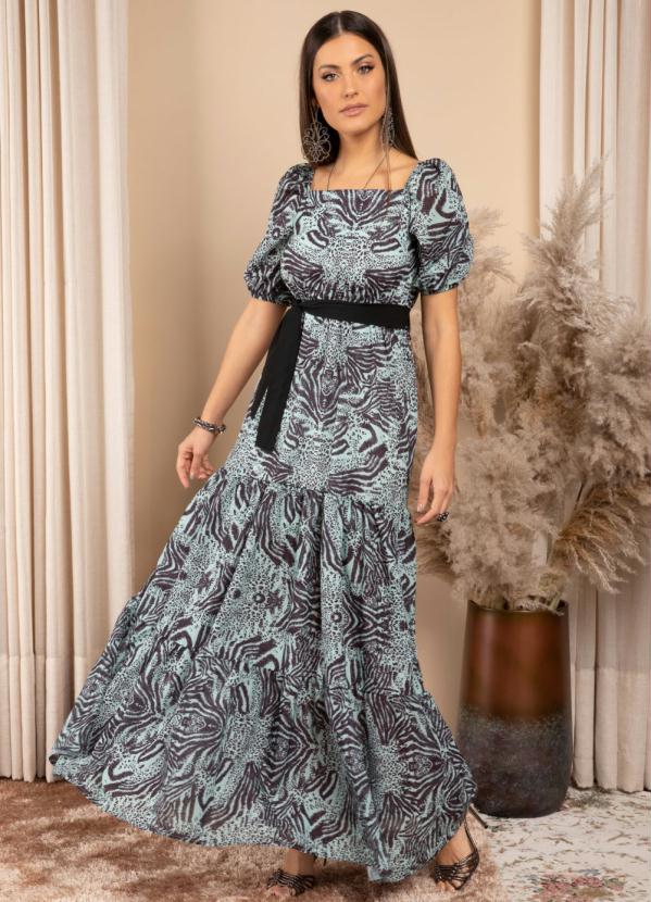 Vestido Longo (Animal Print Verde) com Babados Vestido Longo (Animal Print Verde) com Babados