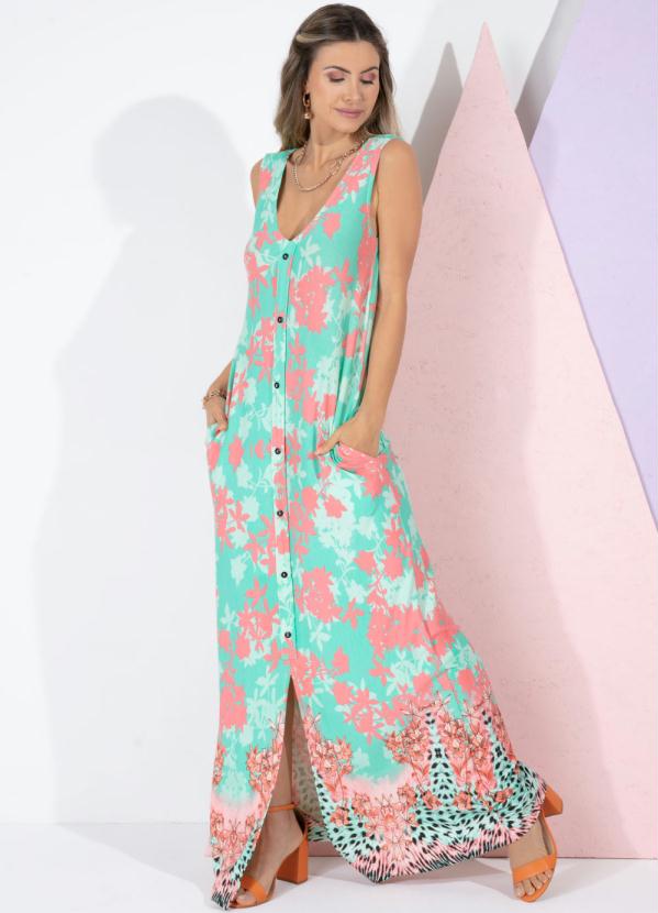 Vestido Longo (Barrado Verde) com Botões e Fenda Vestido Longo (Barrado Verde) com Botões e Fenda