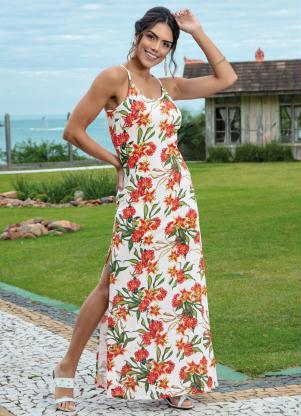 Vestido Longo (Branco e Floral) com Fendas