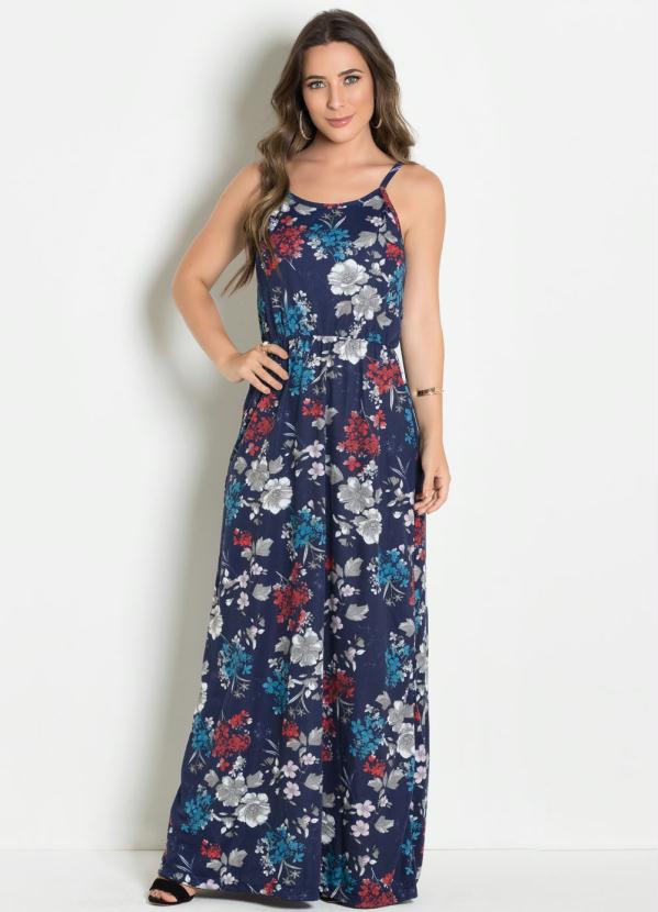Vestido Longo com Al�as (Floral)