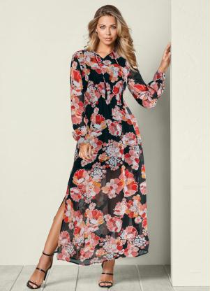 Vestido Longo com Fenda Floral (Preto)