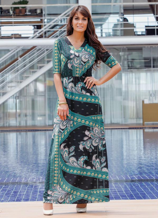 Vestido Longo Decote V (Estampado) Moda Evang�lica