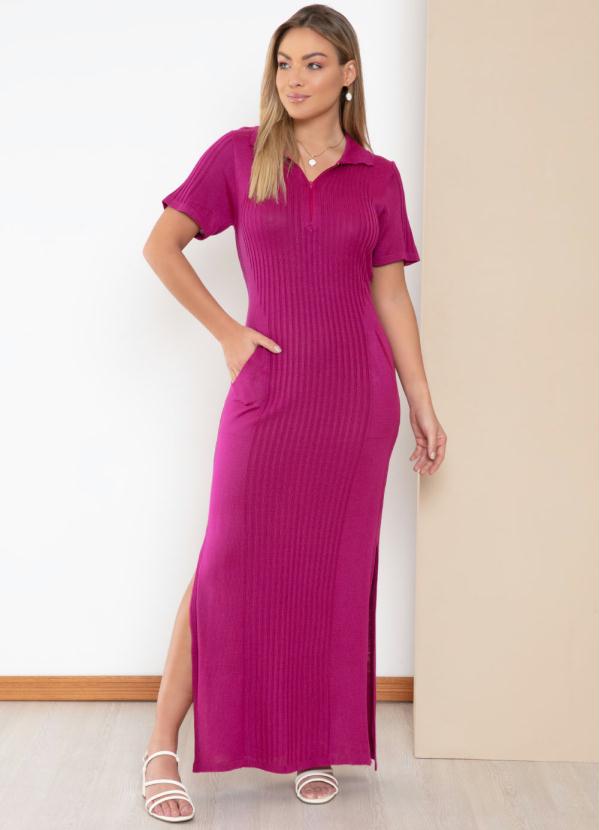 Vestido Longo em Tric� (Roxo) com Gola