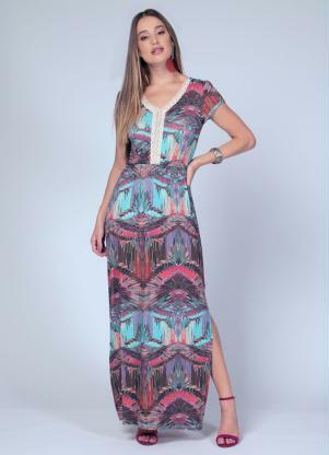 Vestido Longo (Estampado Azul) com Fenda Lateral Vestido Longo (Estampado Azul) com Fenda Lateral