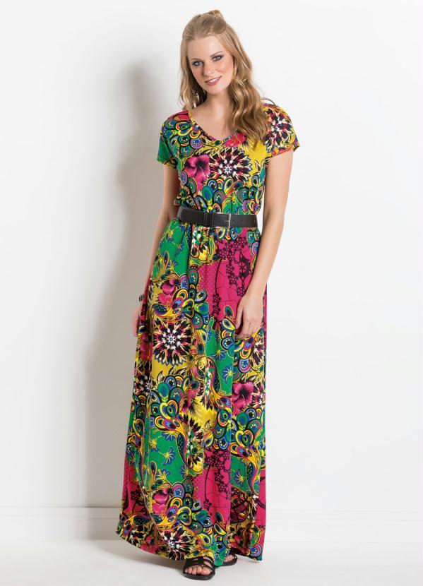 vestido longo estampado com decote