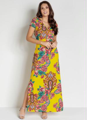 Vestido Longo (Floral Amarelo) com Fendas Laterais