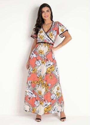 Vestido Longo (Floral Coral) com Transpasse Vestido Longo (Floral Coral) com Transpasse