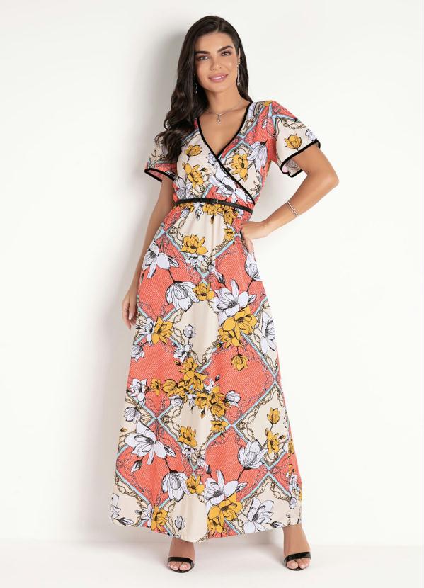 Vestido Longo (Floral Coral) com Transpasse Vestido Longo (Floral Coral) com Transpasse