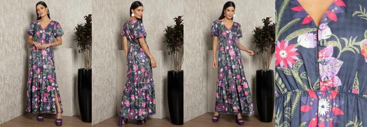 Vestido Longo Floral Preto com Fenda na Barra