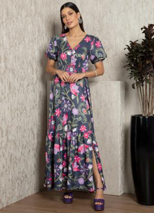 Vestido Longo (Floral Preto) com Fenda na Barra