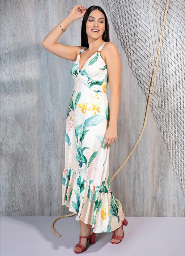 Vestido Longo (Folhagem Bege) Mullet com Argolas