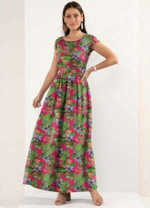 Vestido Longo (Folhagem Pink) com Mangas Curtas