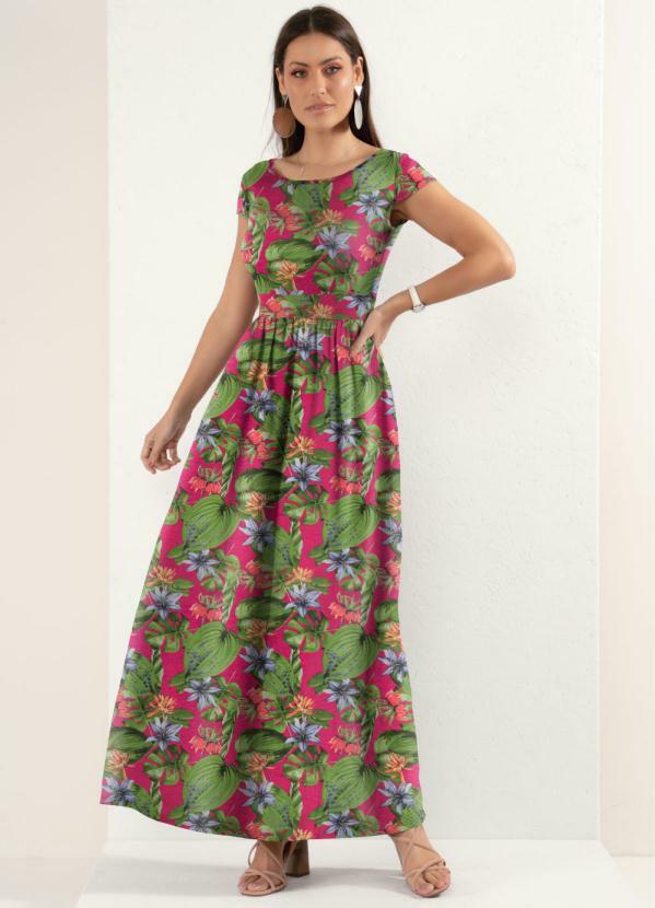 Vestido Longo (Folhagem Pink) com Mangas Curtas