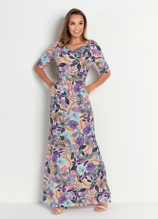 Vestido Longo (Folhagem Rosa) Moda Evang�lica