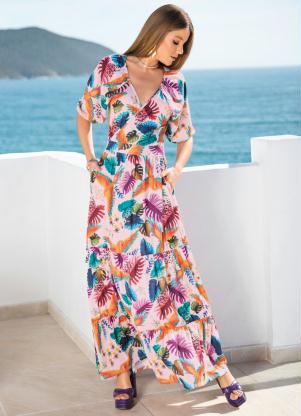 Vestido Longo (Folhagem Tropcial) com Bolsos