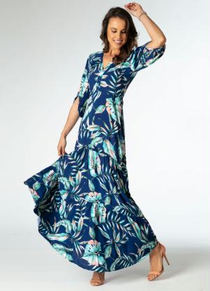 Vestido Longo (Folhagens Azul) com Mangas Bufantes Vestido Longo (Folhagens Azul) com Mangas Bufantes