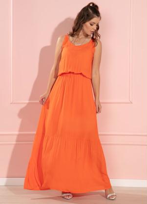 Vestido Longo (Laranja) Acinturado com Franzidos
