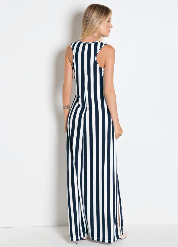 vestido longo com fenda lateral listrado