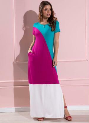 Vestido Longo (Magenta e Turquesa) com Recortes