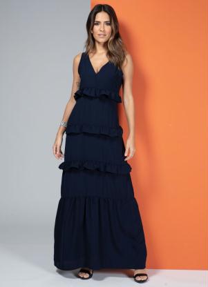 Vestido Longo (Marinho) sem Mangas com Babadinhos