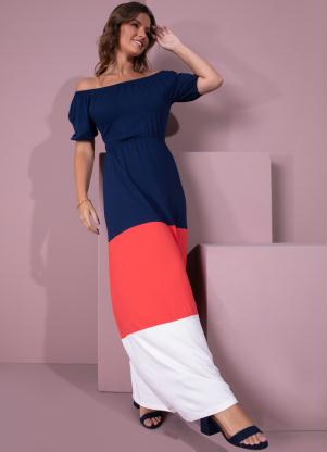 Vestido Longo (Marinho, Vermelho e Off White) Vestido Longo (Marinho, Vermelho e Off White)