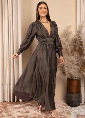 Vestido Longo (Marrom) Decote V com Brilho