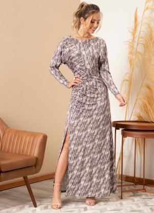 Vestido Longo (On�a) com Drapeado e Fenda