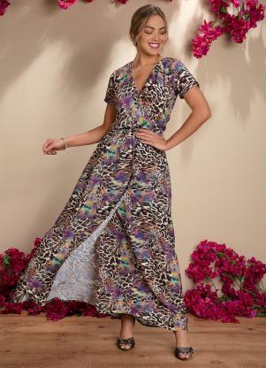 Vestido Longo (Onça) Transpassado Mangas Curtas Vestido Longo (Onça) Transpassado Mangas Curtas