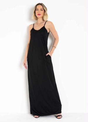 Vestido Longo (Preto) com Bolsos e Alças Vestido Longo (Preto) com Bolsos e Alças