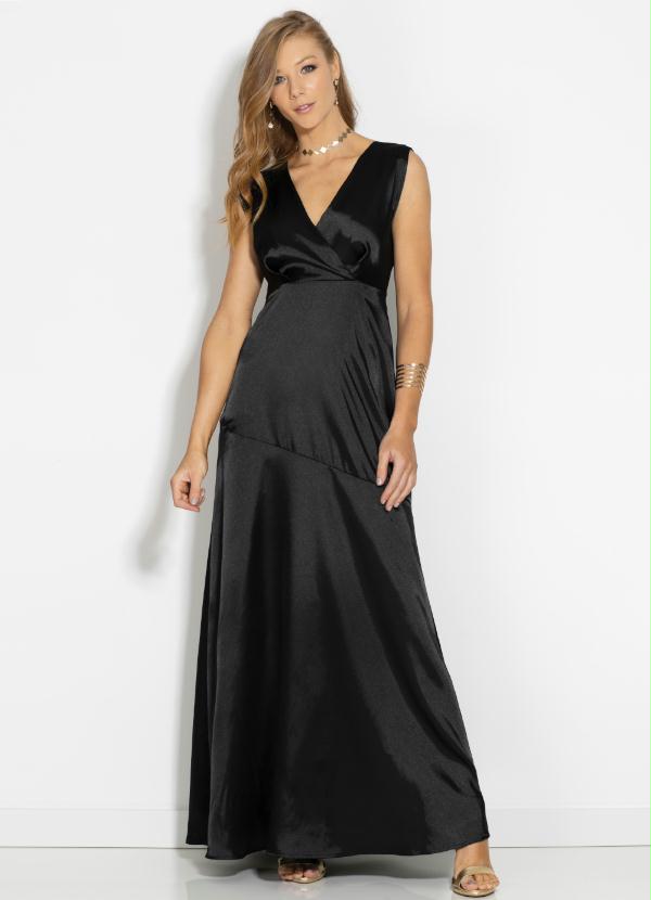 Vestido Longo (Preto) com Decote Transpassado