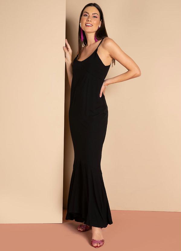 Vestido Longo (Preto) de Al�as e Babado na Barra