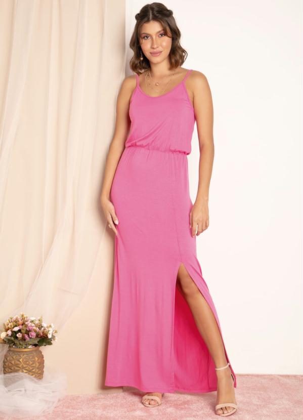 Vestido Longo (Rosa) com Fenda e Al�as