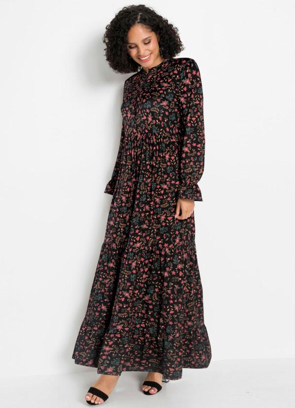Vestido Maxi Longo em Camadas (Floral Preto) Vestido Maxi Longo em Camadas (Floral Preto)