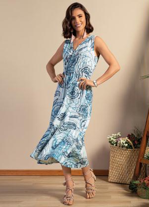 Vestido Midi (Folhagem Azul) com Bolsos