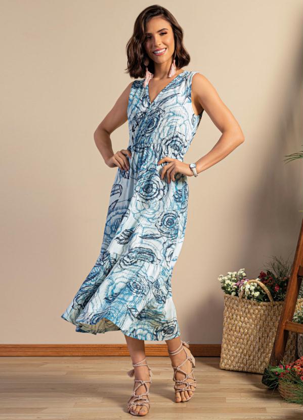 Vestido Midi (Folhagem Azul) com Bolsos