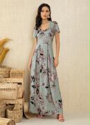 Vestido Paisley Cinza Longo com Pregas